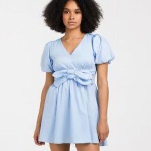 Moon River Cotton Baby Blue Mini Bow Dress Fit and Flate Puff Sleeves M NWT